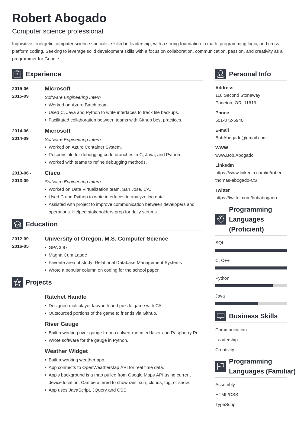 computer science resume template vibes