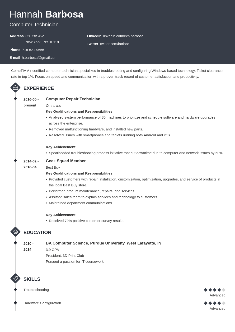 computer technician resume example template diamond