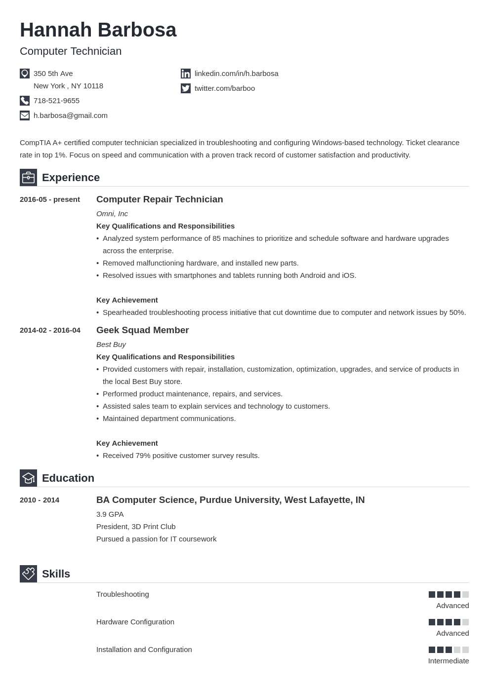 computer technician resume example template iconic