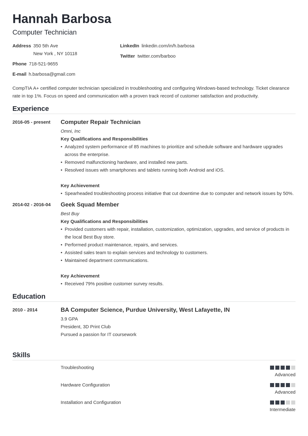 computer technician resume example template nanica