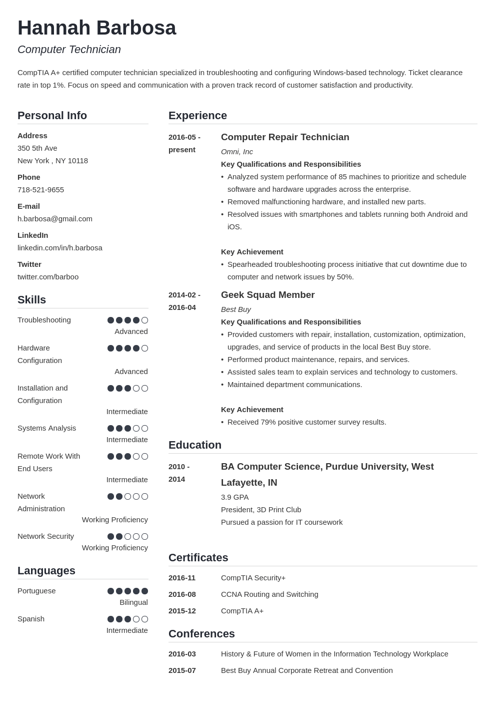 computer technician resume example template simple
