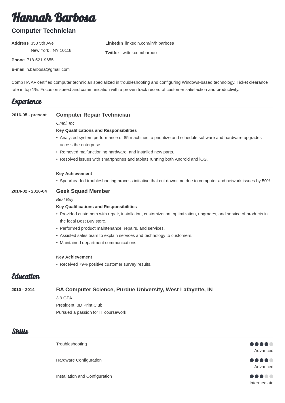 computer technician resume example template valera