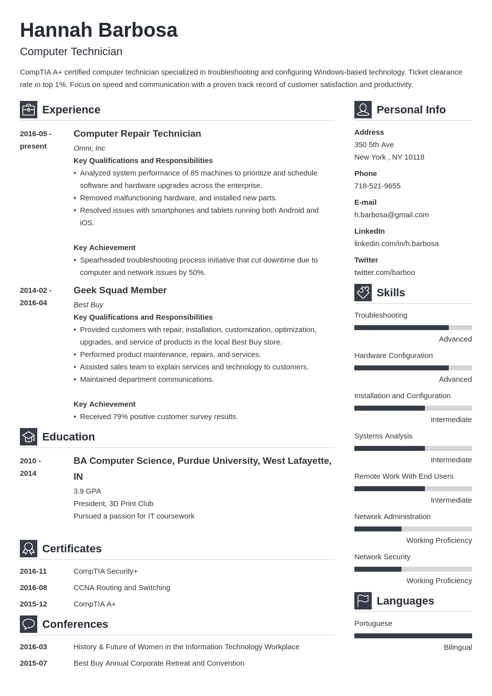 computer technician resume example template vibes