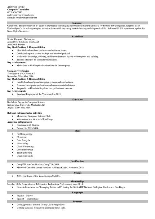 Computer technician resume example