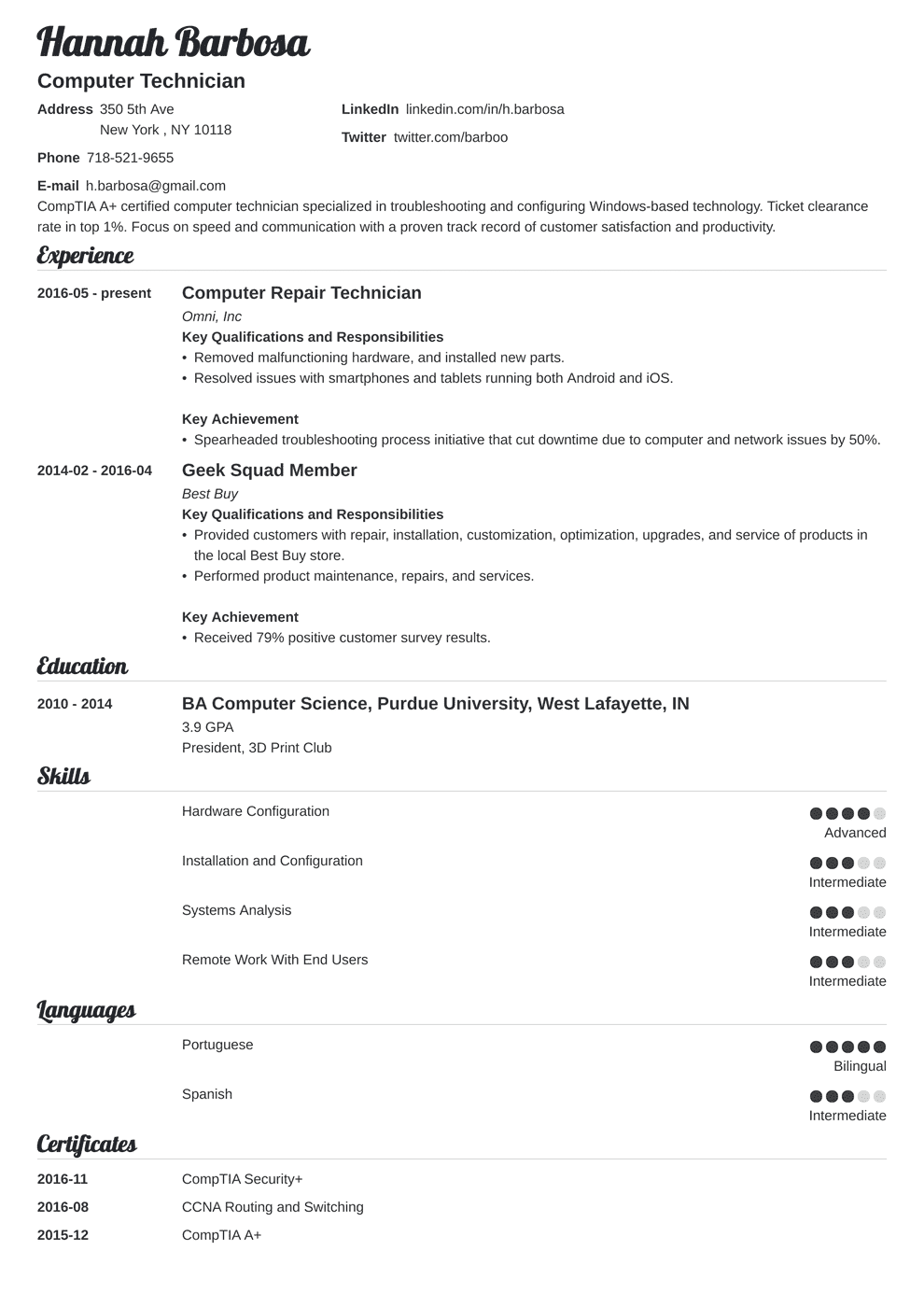 Computer Technician Resume Sample & Job Description