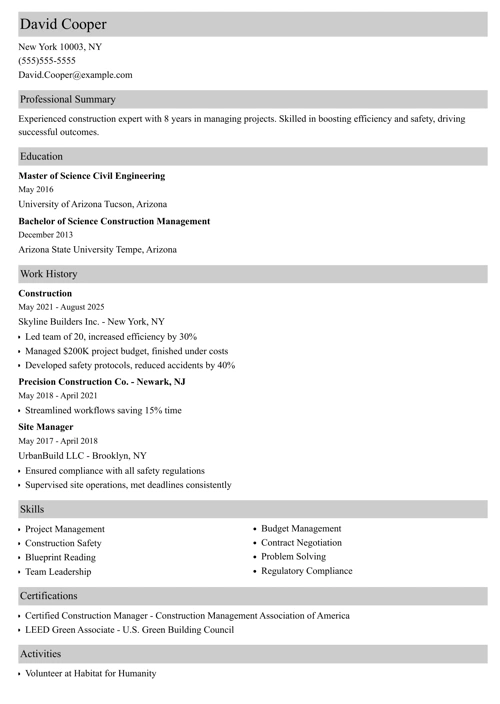 Construction resume example