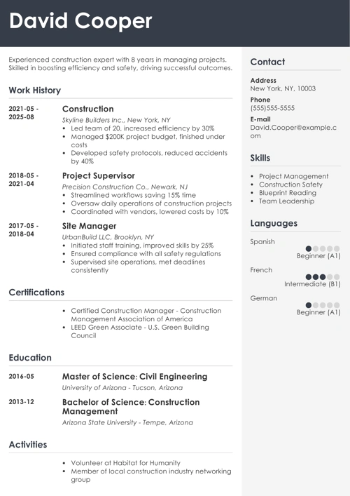 Construction resume example