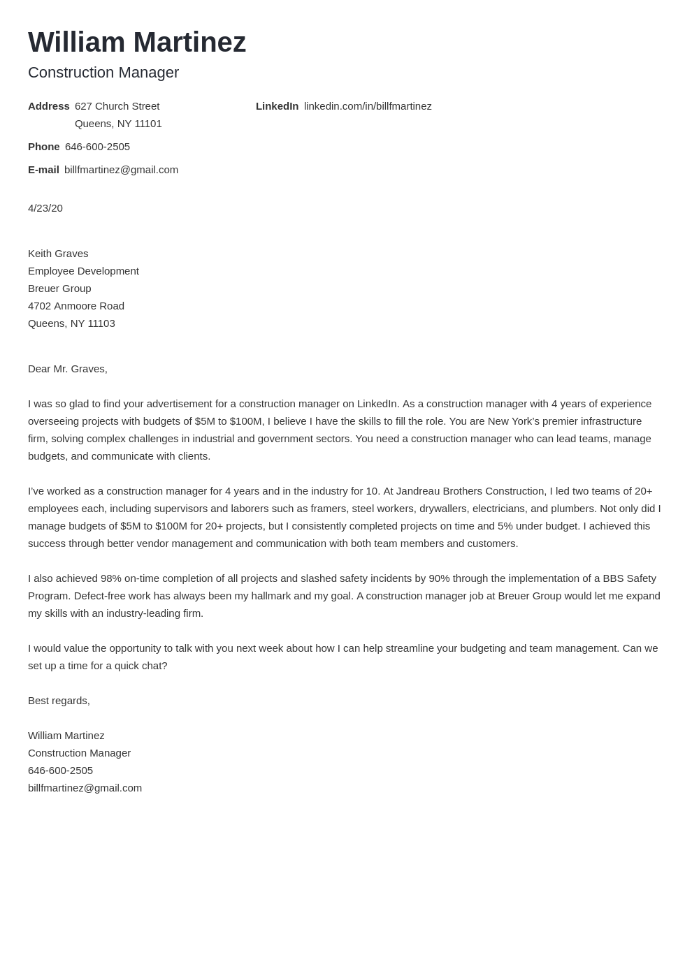 sample cover letter for construction project proposal