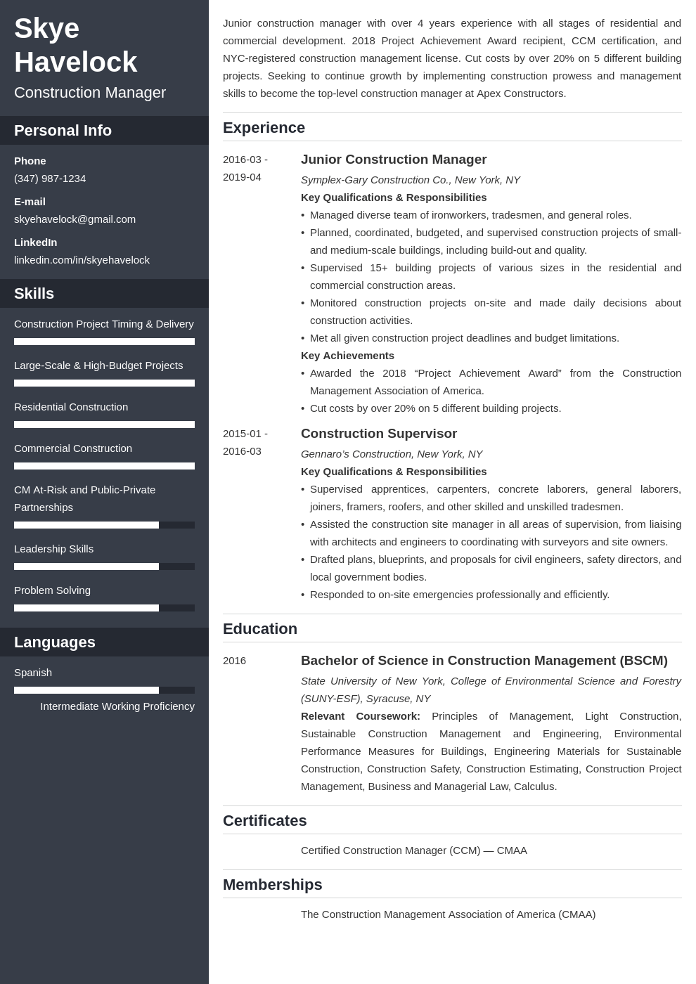 construction manager resume example template cascade