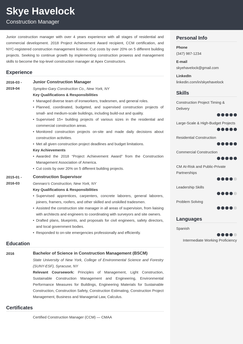 construction manager resume example template cubic