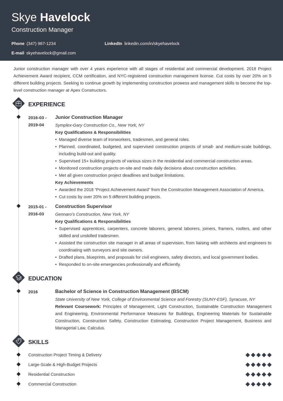 construction manager resume example template diamond