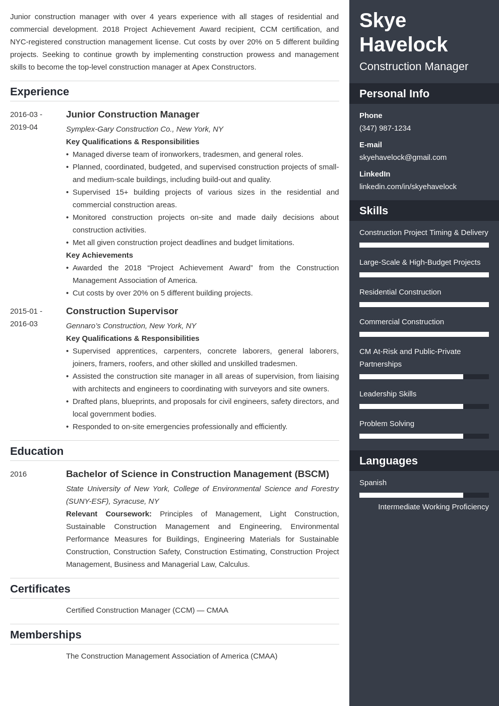 construction manager resume example template enfold