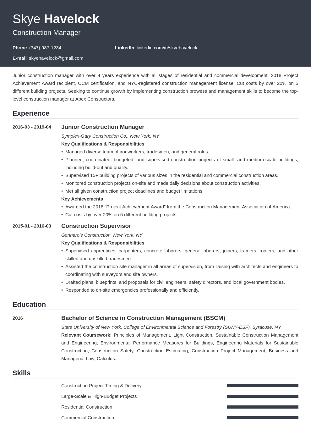 construction manager resume example template influx