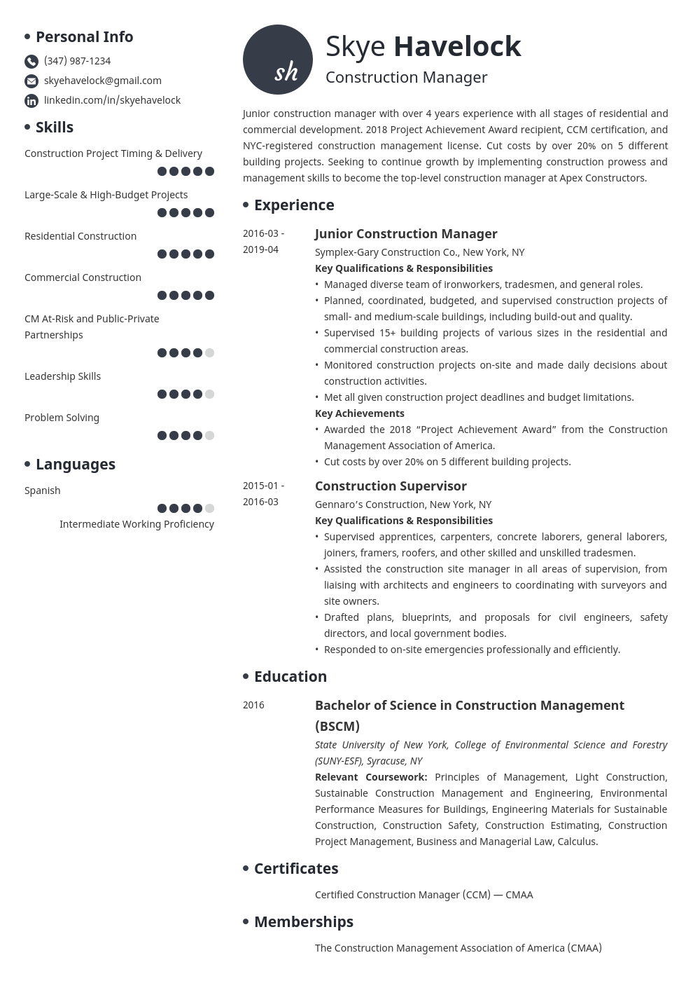 construction manager resume example template initials