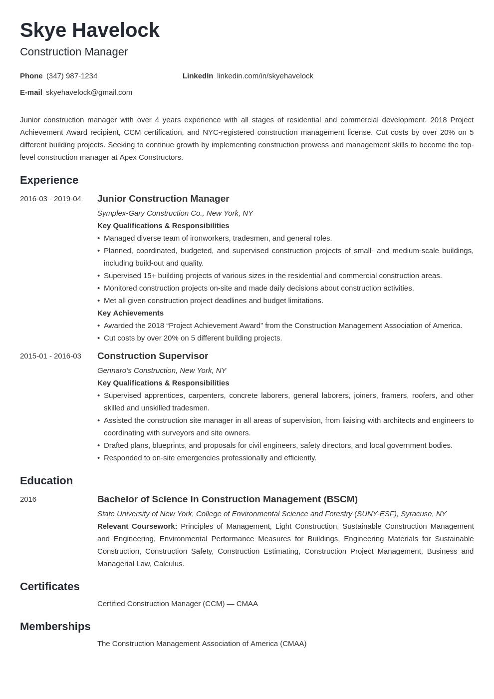 Construction Manager Resume Sample Objective Skills 