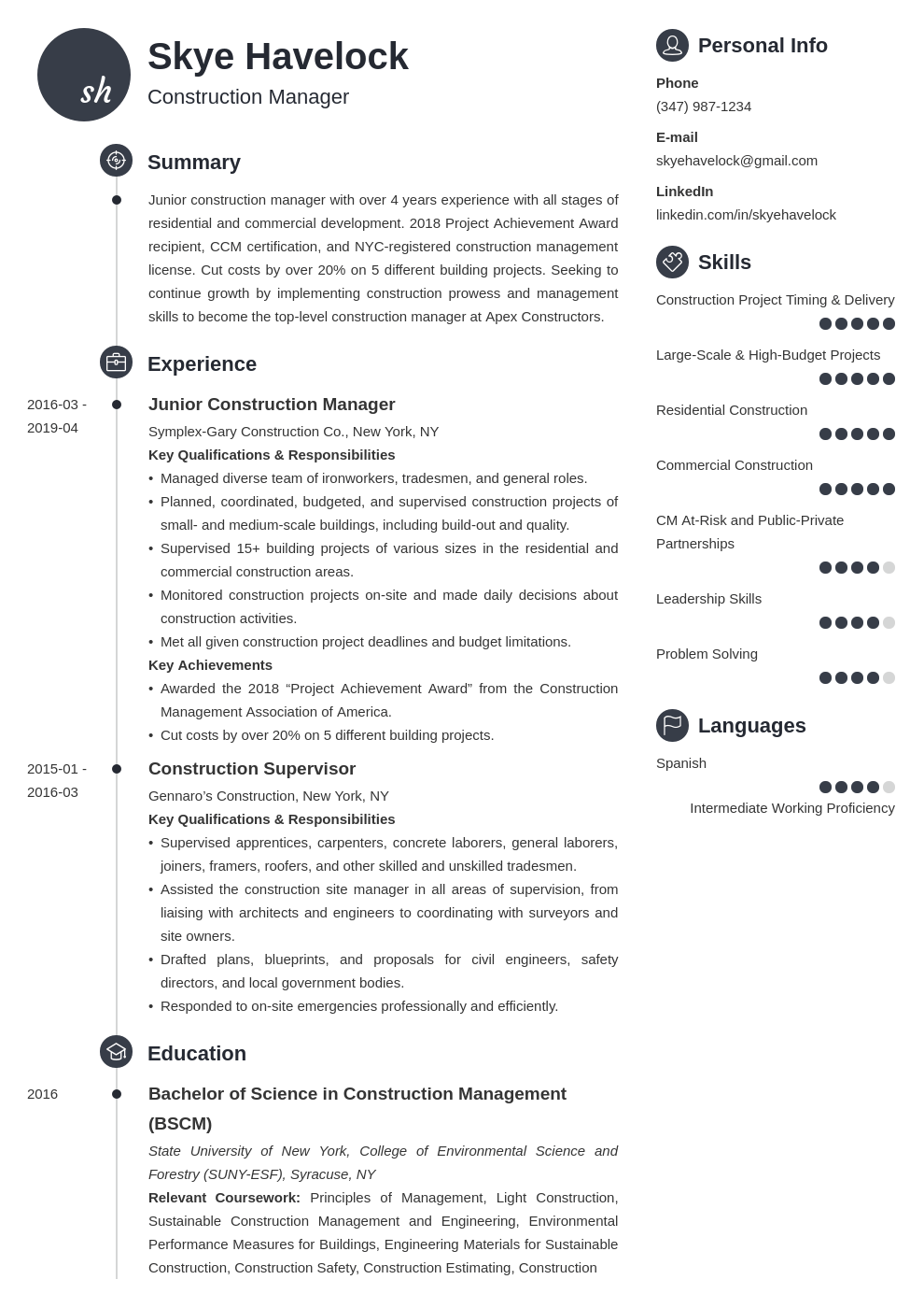 construction manager resume example template primo