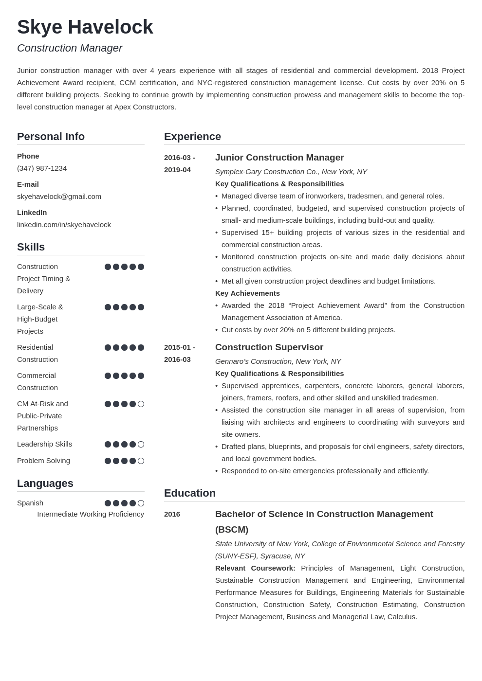 construction manager resume example template simple