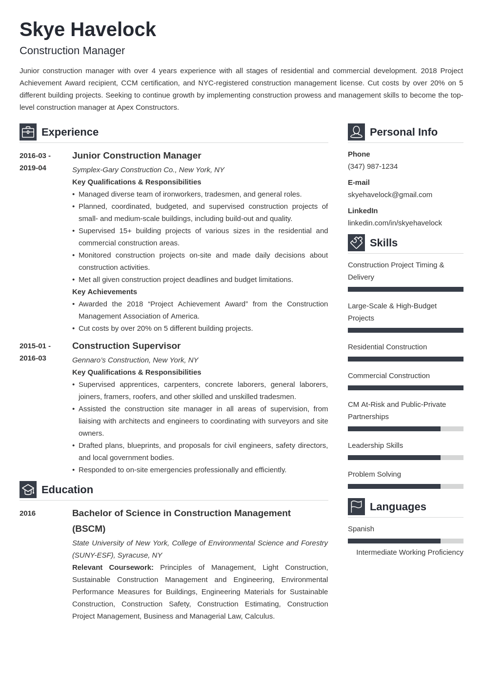 construction manager resume example template vibes