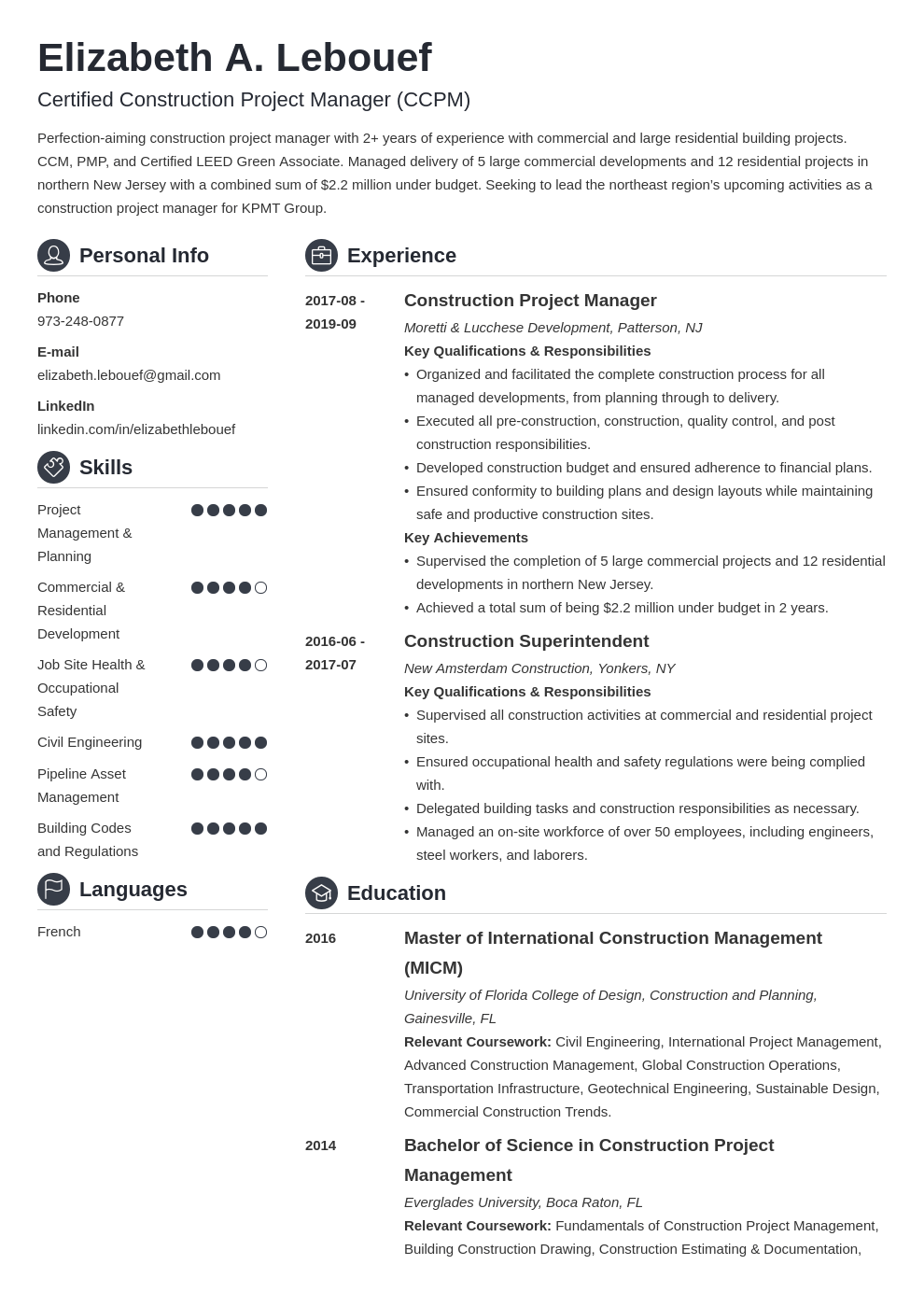 construction project manager resume example template crisp
