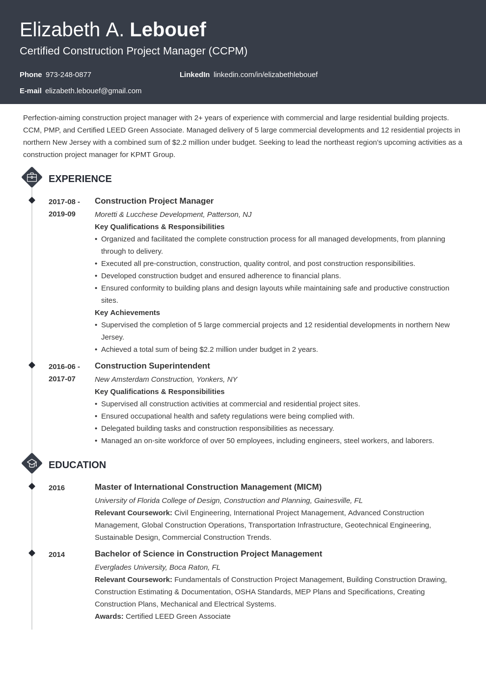 construction project manager resume template