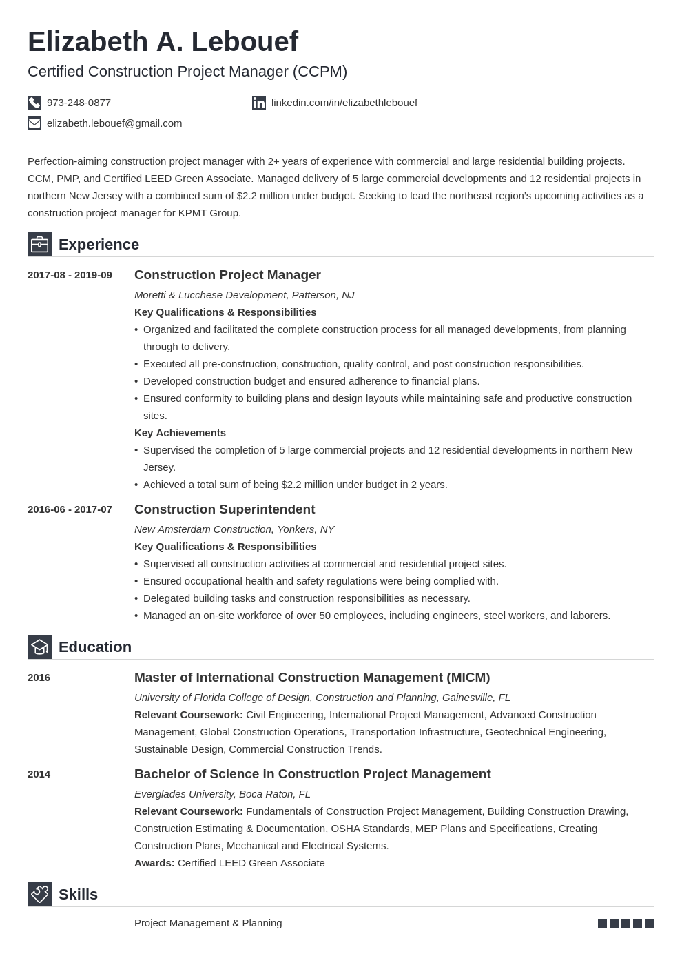 construction project manager resume templates