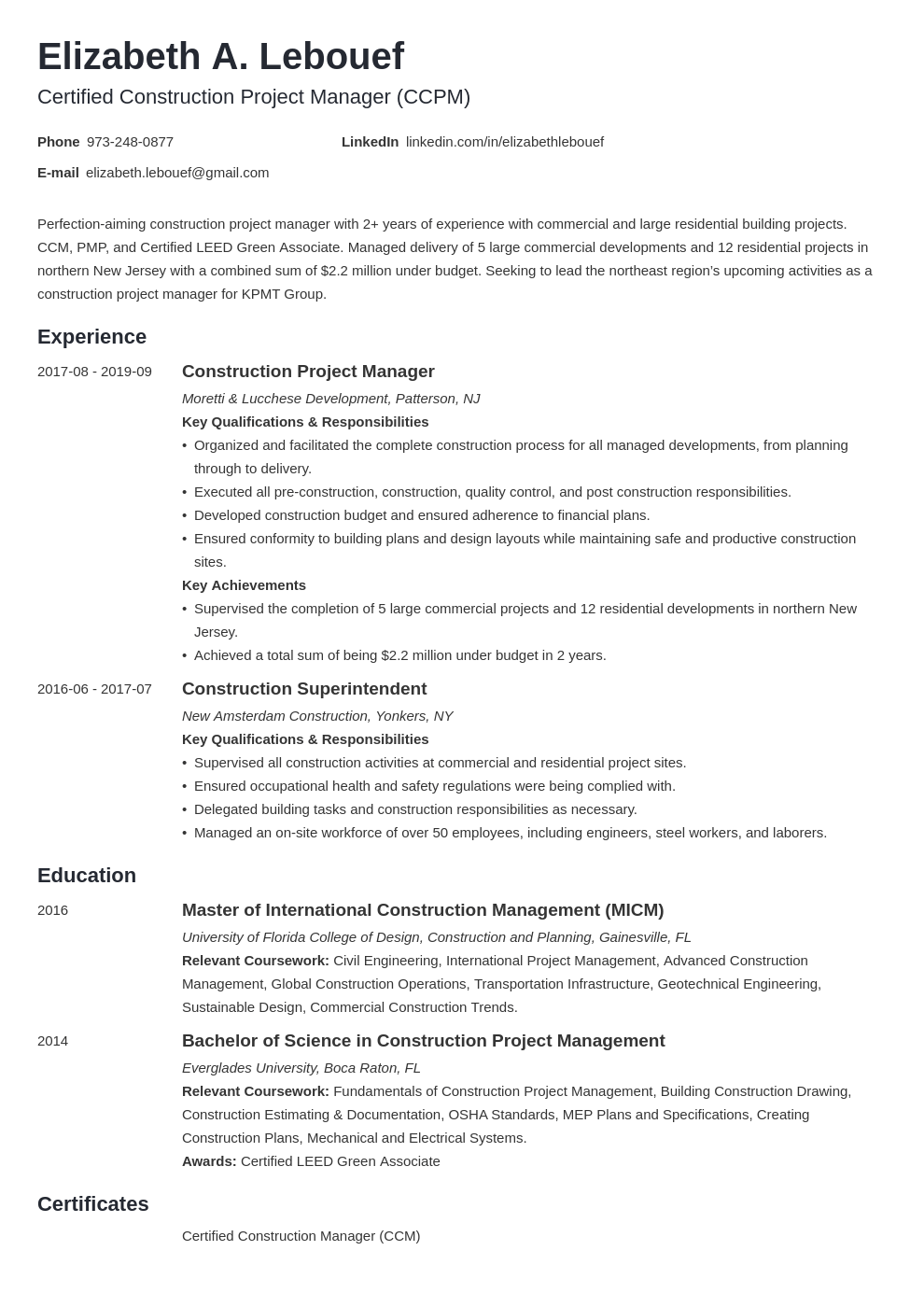 construction project manager resume example template minimo