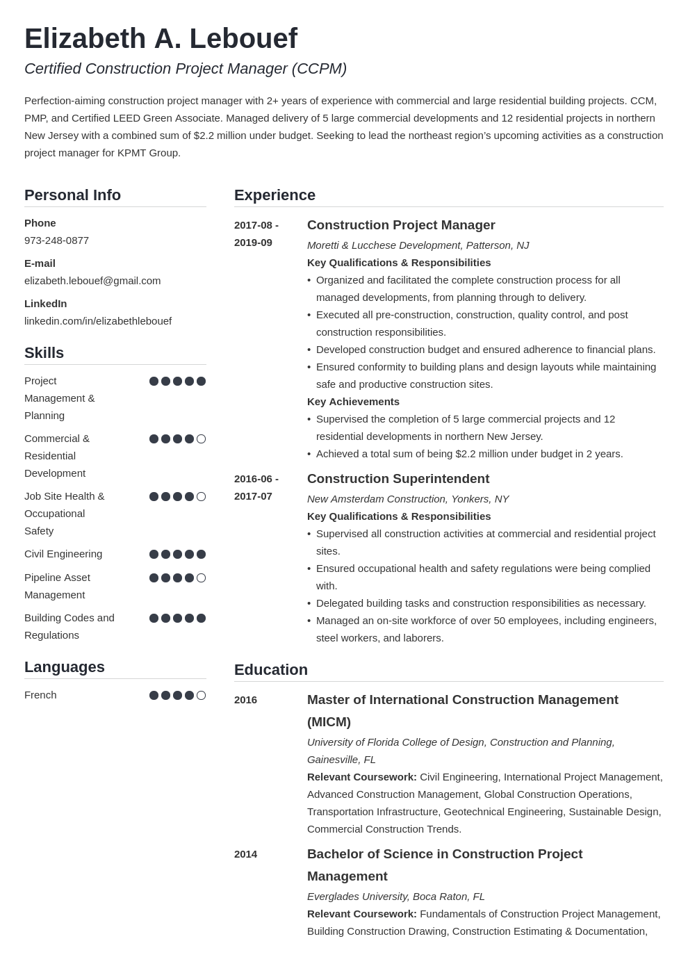 construction project manager resume example template simple