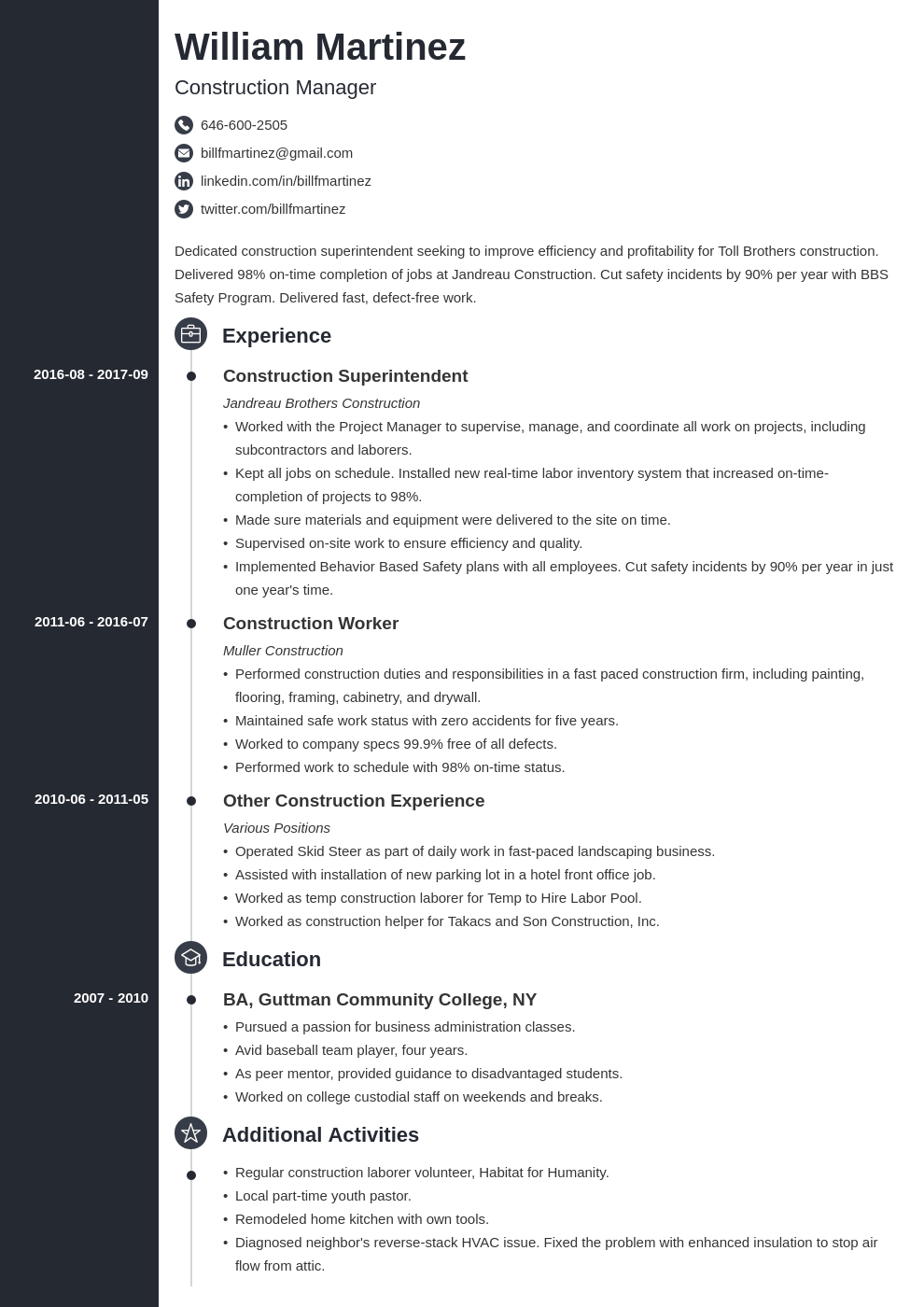 construction resume example template concept