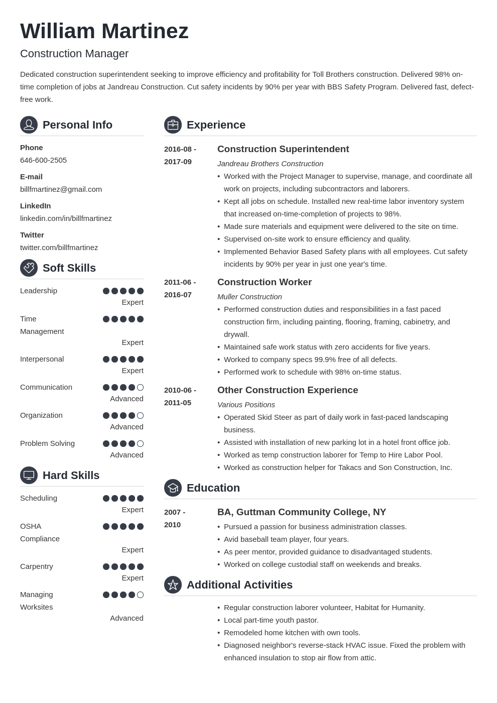 Construction Worker Resume Examples (Template & Skills)