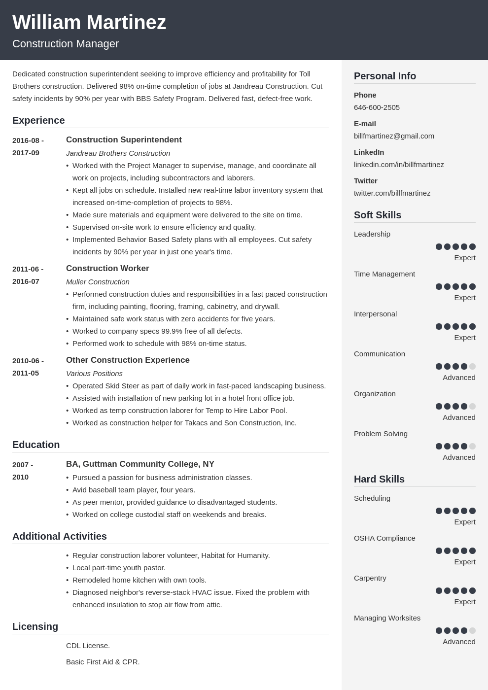 construction resume example template cubic