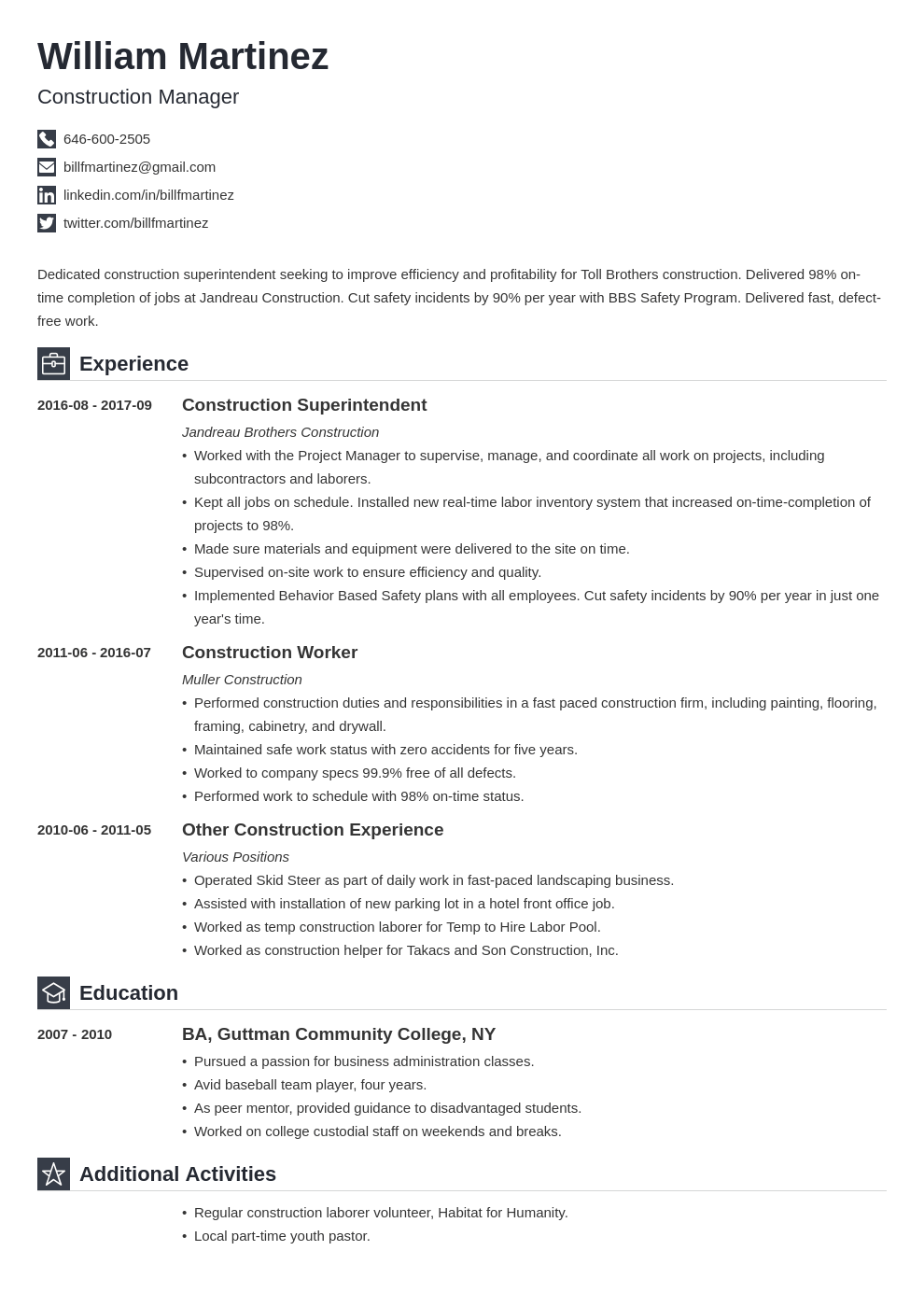 construction resume example template iconic