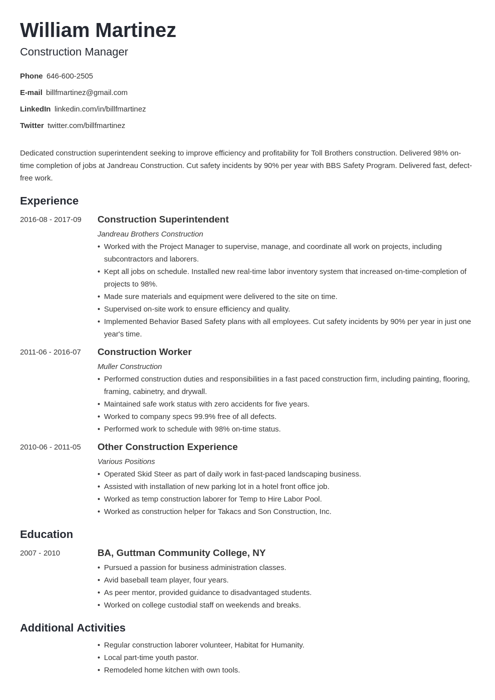 Construction Worker Resume Examples Template Skills 