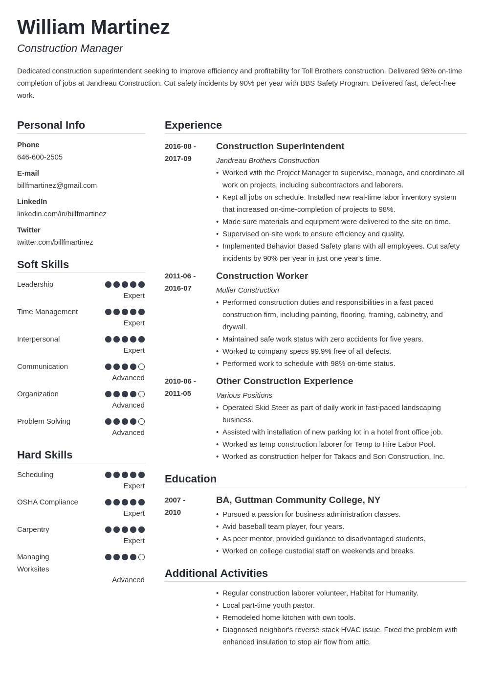 construction resume example template simple