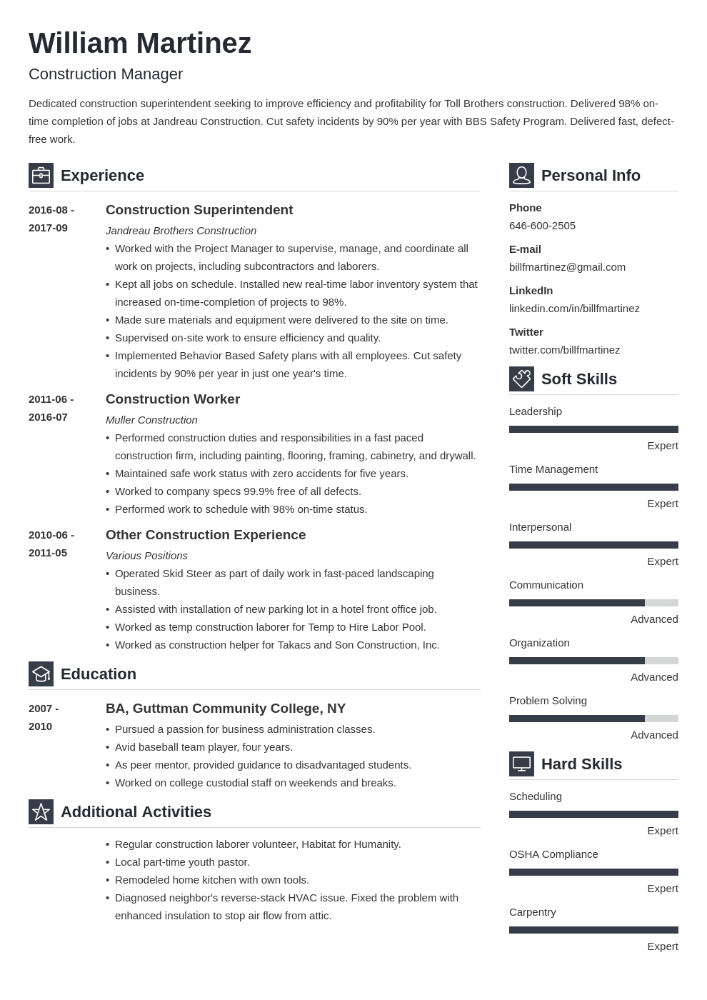 construction resume example template vibes