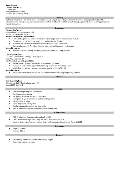 Construction resume example