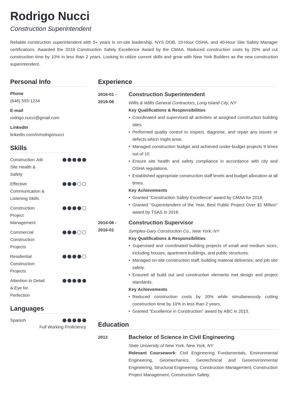 construction superintendent resume example template simple