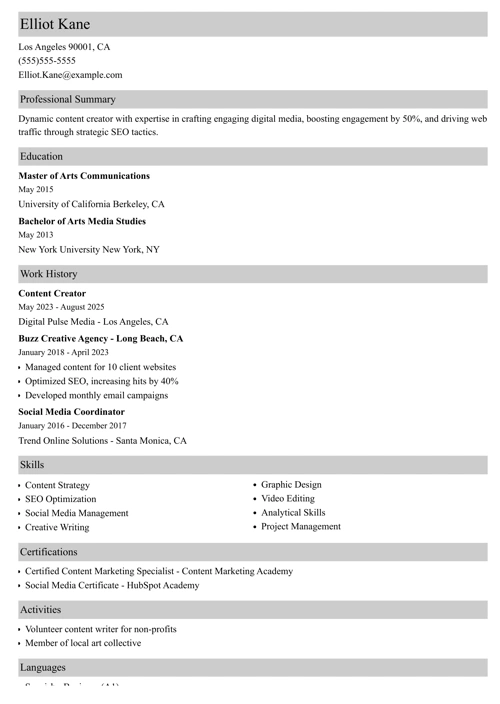 Content Creator Resume Sample