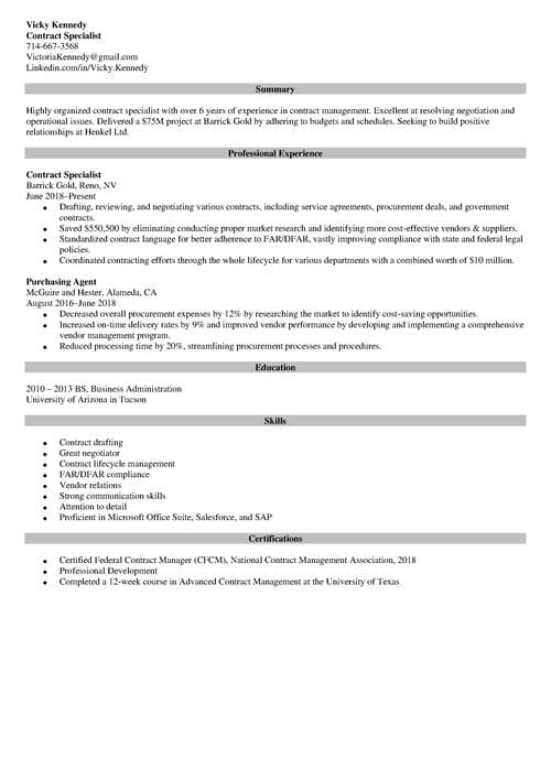 contract specialist resume example