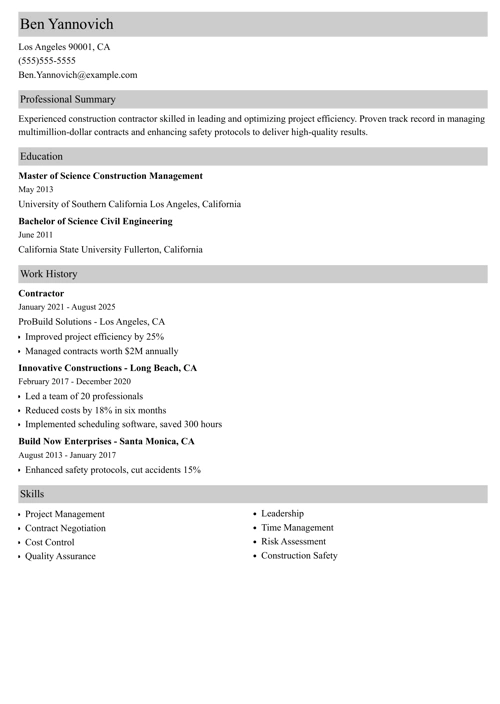 contractor resume example