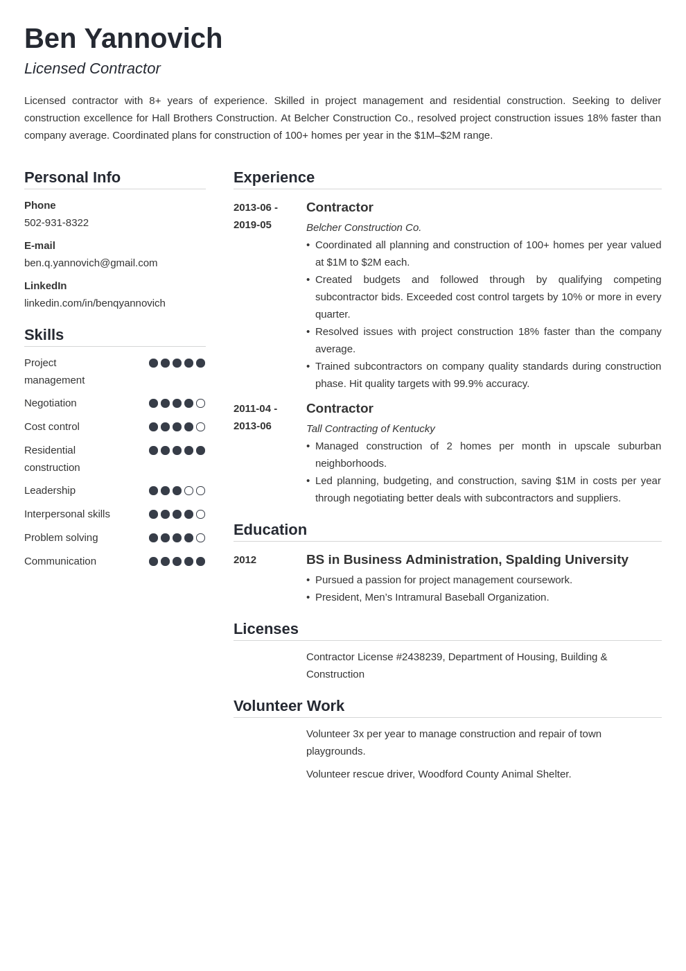 contractor resume example template simple