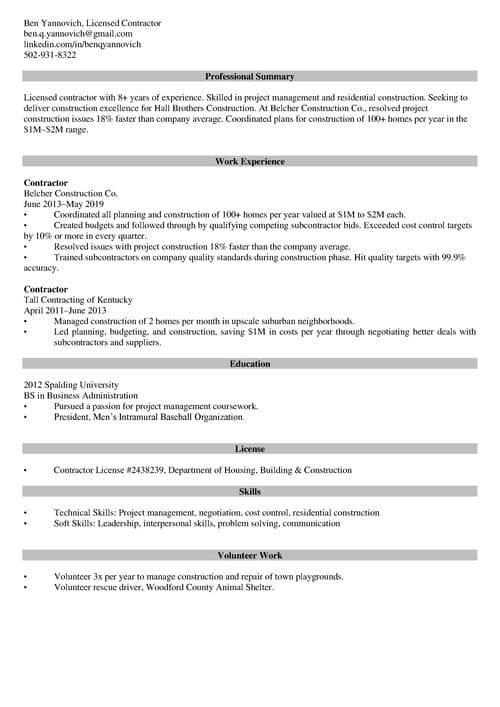 contractor resume example