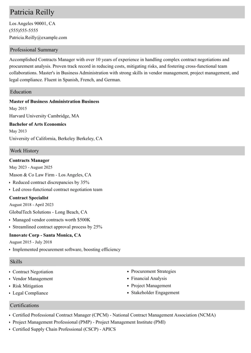contracts manager resume example