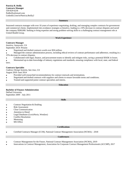 contracts manager resume example