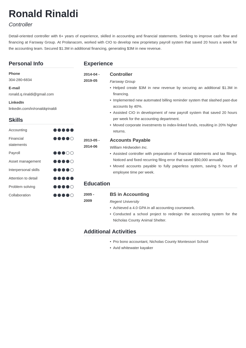 controller resume example template simple