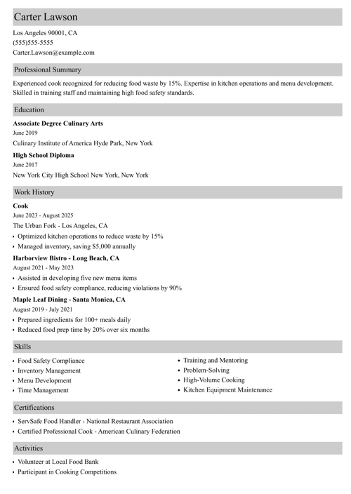 Cook Resume Sample