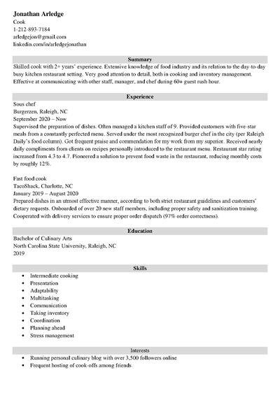 cook resume example