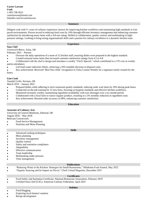 Cook Resume Sample