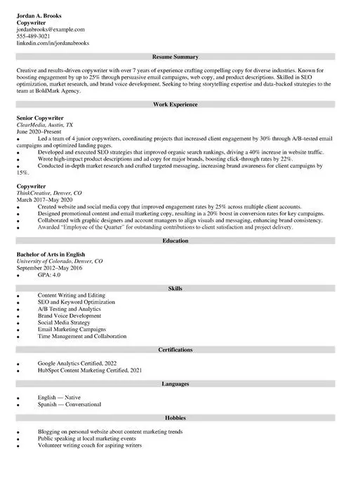 Copywriter Resume Sample