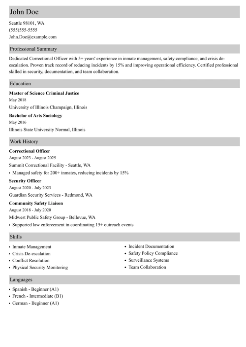 Correctional Officer Resume Example