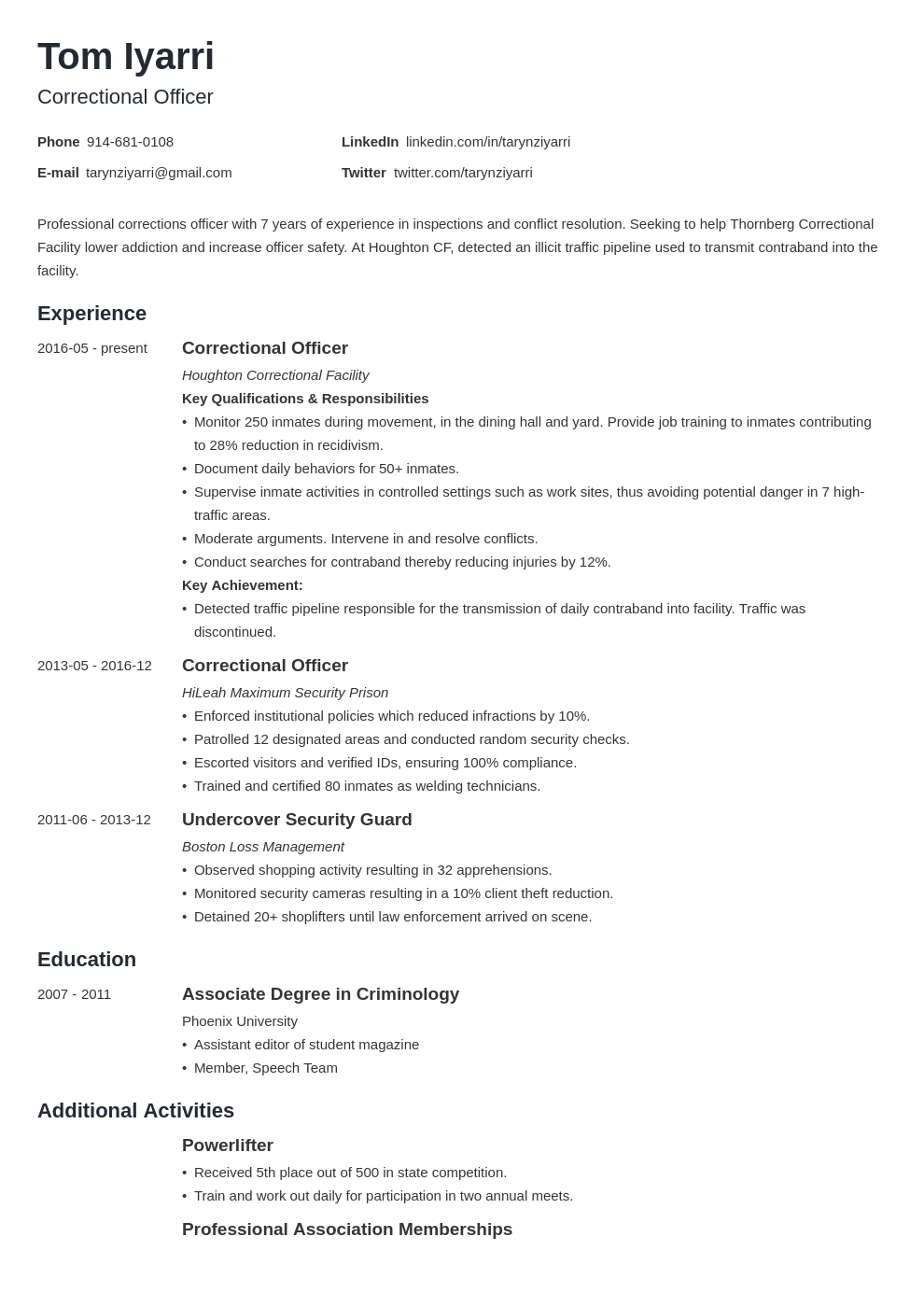 correctional officer resume example template minimo